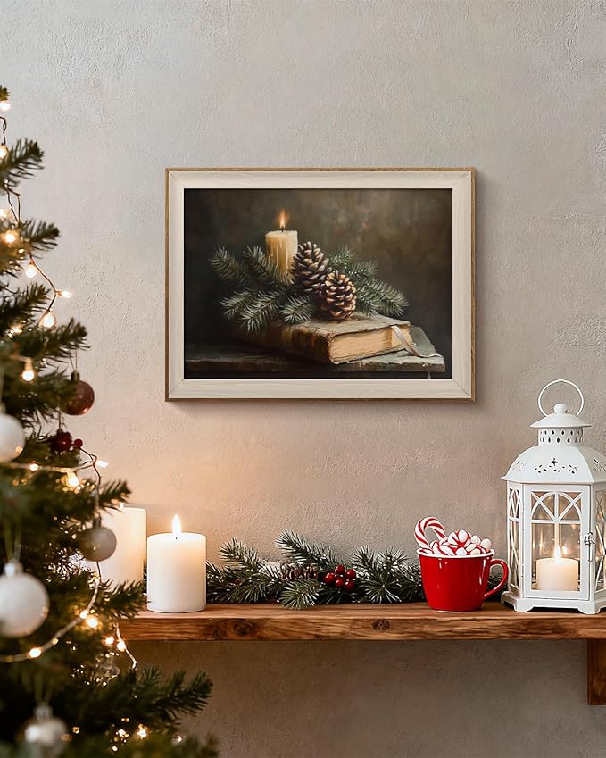 VIYYIEA Winter Framed Wall Art for Living Room, Books and Pinecones Canvas Prints, Oil Painting Home Decor, Christmas Picture, Bathroom Wall Decor Gifts for Friends or Family - 16L x 12W