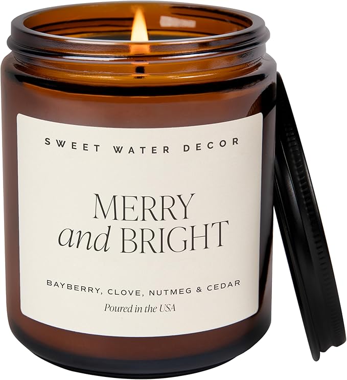 Sweet Water Decor Merry and Bright Candle - Bayberry, Fir, Nutmeg, and Clove Winter Non Toxic Christmas Scented Soy Candles for Home - 9oz Amber Jar, 40 Hour Burn Time, Made in The USA