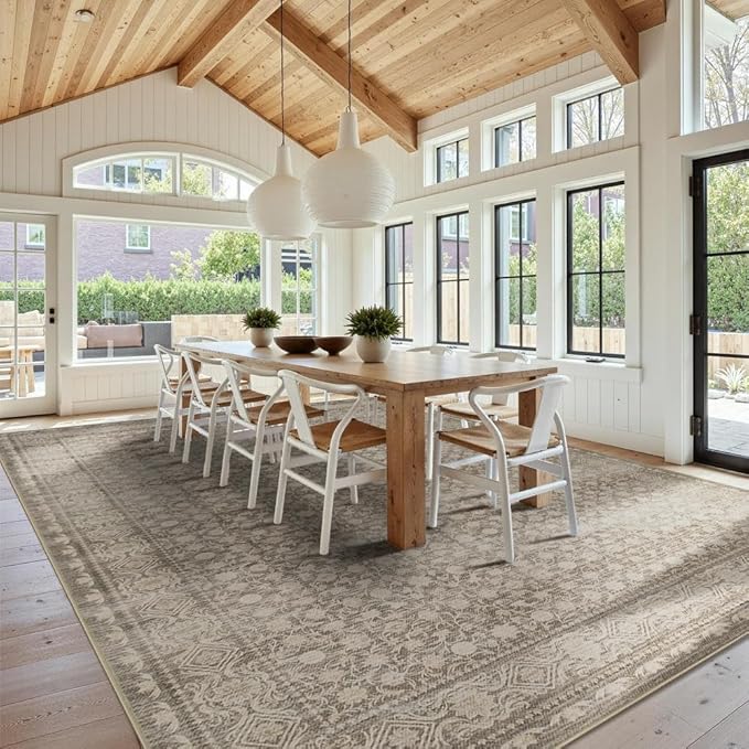 10x14 Washable Area Rug for Living Room, Extra Large Neutral Vintage Boho Rugs for Dining Room, Kids Room, Farmhouse, Durable Low Pile Non Slip Carpet for High Traffic Areas, Apricot