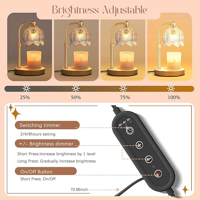 Adjustable Flower Candle Warmer Lamp with Timer, Lotus Tulip Glass Warmer Light for Jar Candles, Electric Wax Warming Melter, Gifts for Women Mom, Vintage Bedroom Decor (Transparent)