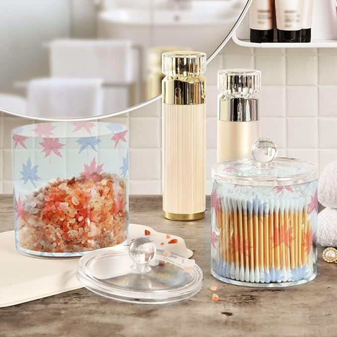 Boho Simple Style Maples Clear Plastic Makeup Organizer Storage with lid Dresser Essentials Decorative Dental floss storage jar for Cotton Swabs,Cotton Pads,Floss Picks,Paper Clips,Hair Clips
