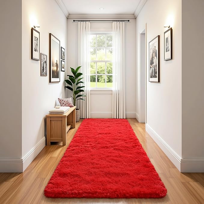 BENRON Soft Runner Rugs for Bedroom 2x8, Washable Long Runners for Hallway Entryway Kitchen Dorm, Fluffy Throw Rug for Kids Girls Room Decor Photo Prop, Red