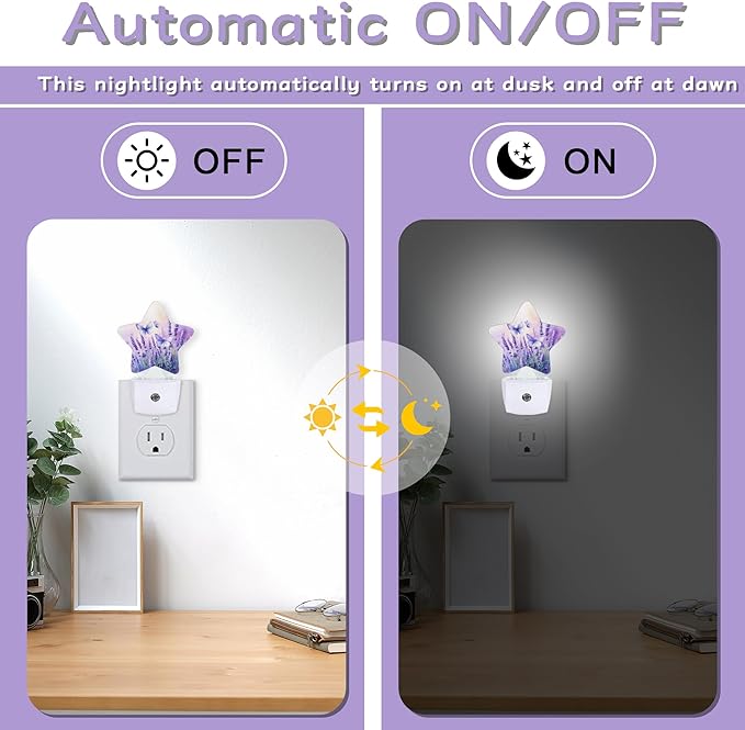Night Light,Purple Butterfly Night Lights Plug into Wall Lavender Decorations for Bedroom Bathroom,Dusk to Dawn Sensor Kitchen Hallway Stairs Energy Efficient Desk Lamp