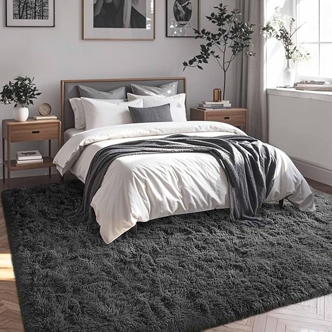 FinRèc 5x8 Feet Grey Rugs for Living Room Bedroom, Fluffy Shaggy Area Rug, Non-Slip Soft Shag Rug for Nursery Kids Room Dorm Room Home Decor, Indoor Plush Floor Carpet