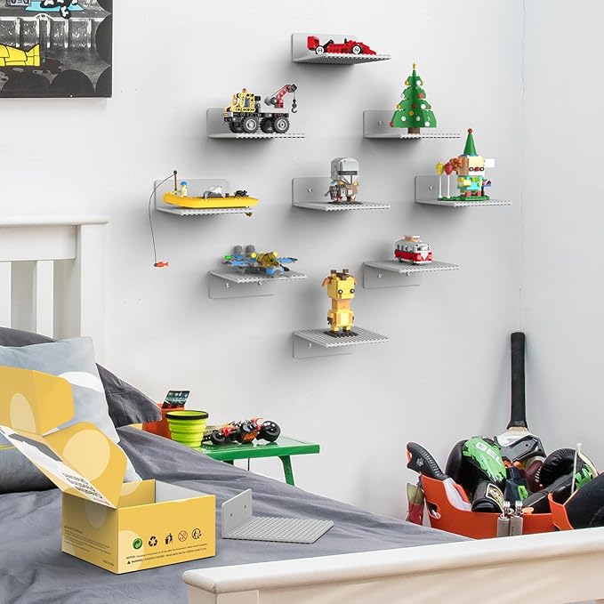 BlissBox 9-Pack Floating Display Shelves for Wall Compatible with Lego Building Bricks, 5 × 5.5 Inch Dual-Sided 16 × 17 Studs for Brick Storage and Display, ABS Display Shelf for Room Decor, Gray