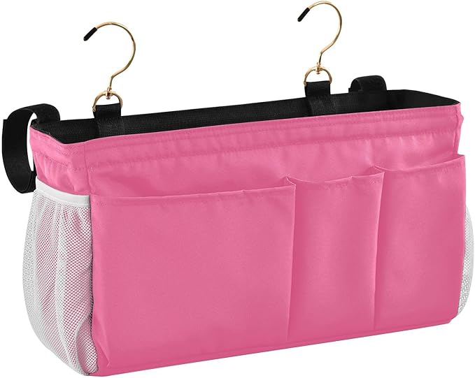 Neon Rose Red Bedside Caddy Storage Bag Bedside Organizer for Dorm Room Top Bunk Bed Hanging Bag Bedside Shelf 6 Pockets with Hooks for Magazine Water Bottle Holder
