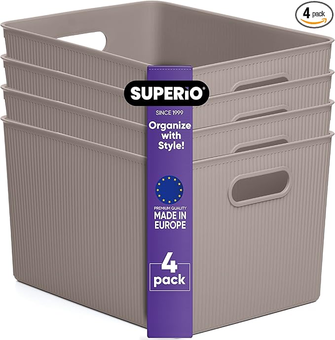 Superio Ribbed Collection - Decorative Plastic Basket Open Home Storage Bins Organizer, X-Large Taupe (4 Pack) Container Boxes for Organizing Closet Storage Bins for Shelves 22 Liter/23 Quart