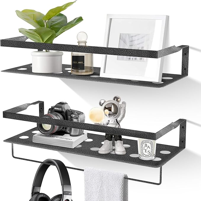 Uten Floating Shelves, Wall Mounted Iron Shelves Set of 2, Bathroom Storage Iron Shelves with Towel Rack, Wall Hanging Organizer Decor Shelf for Bathroom, Kitchen, Bedroom, Living Room