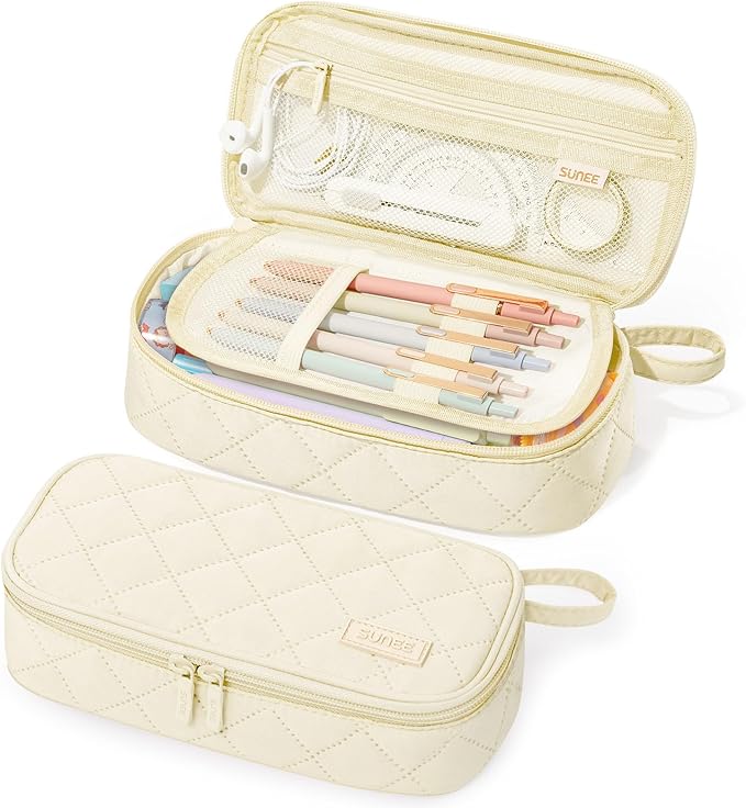 SUNEE Cute Pencil Case, Large Capacity Pencil Pouch Aesthetic Zipper Pencil Bag, Big Storage Pen Organizer for Stationery, Soft Quilted Pencil Box Back to School Supplies for Teen Girls Boys, Cream