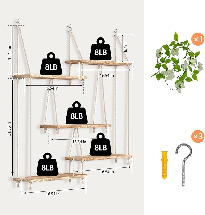 Hanging Shelves for Wall with Vine Lights 5 Tier Boho Wall Shelf Macrame Floating Shelves Rope Rustic Wood Organizer Storage Hanger Rack Decor Aesthetic for Succulents Bedroom Kitchen Bathroom Home