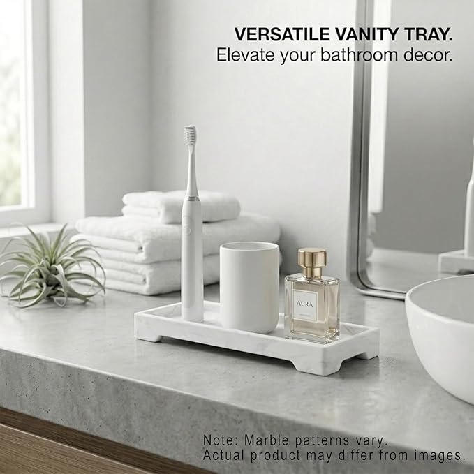 Countertop Vanity Tray - Silicone Bathroom Sink Organizer & Kitchen Soap Tray, Footed Anti-Slip Design, Waterproof Caddy for Perfume, Jewelry, Makeup, Bottle, Oil, Sponge Holder, White Marble 10"x4.2"