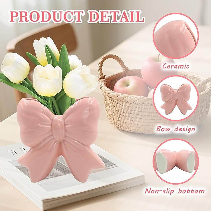 Small Ceramic Vases for Flowers, Cute Bow Vase, Pink Makeup Brush Organizer, Decorative Pen Holder, Ideal Women Gifts for Table, Office, Living Room, Shelf Decor