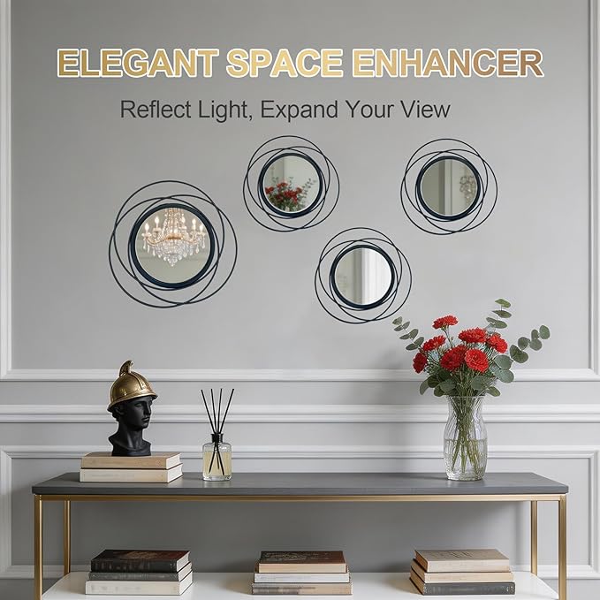 4 Piece Gold Round Wall Mirror Set Modern Metal Circle Home Decor for Living Room Bedroom Entryway 11/9 Inch Decorative Mirrors Minimalist Wall Art for Home