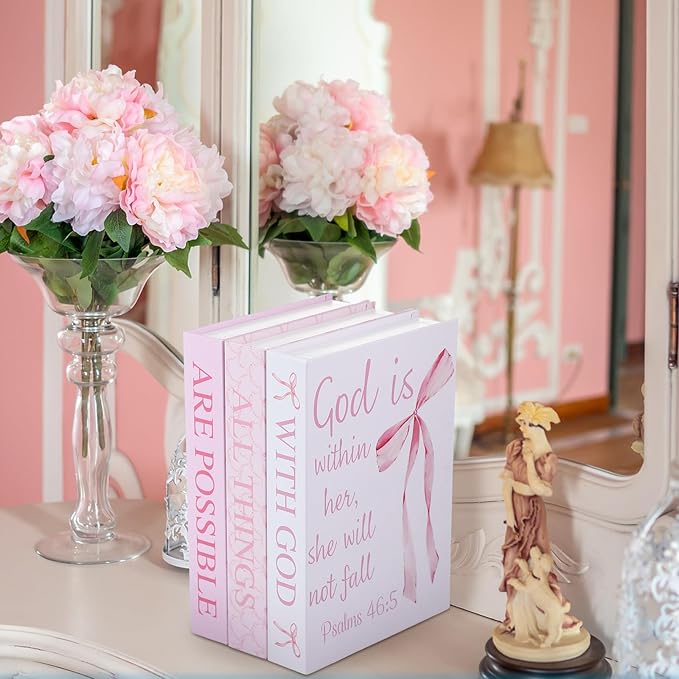 Beeveer 3 Pcs Pink Bow Decorative Books with Bible Verses for Coquette Room Decor Christian Preppy Fake Books with God All Things Are Possible Magnetic Storage Box for Girly Bookshelf School Christmas
