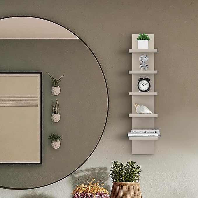 5 Tier Wall Shelves Mourning Gray, Vertical Column Shelf Floating Storage Home Decor Organizer Tall Tower Design Utility Shelving Bedroom Living Room