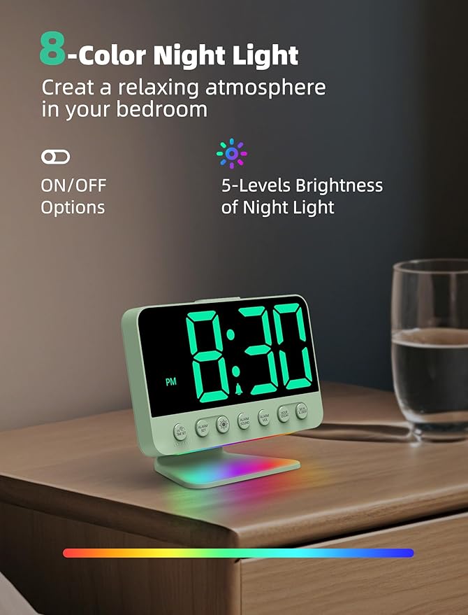 Odokee Digital Alarm Clocks for Bedrooms: Large Bold Number 5 Brightness Dimmer - Easy to Read Across The Room - 5 Alarm Sound 8 Night Light - Sage Green