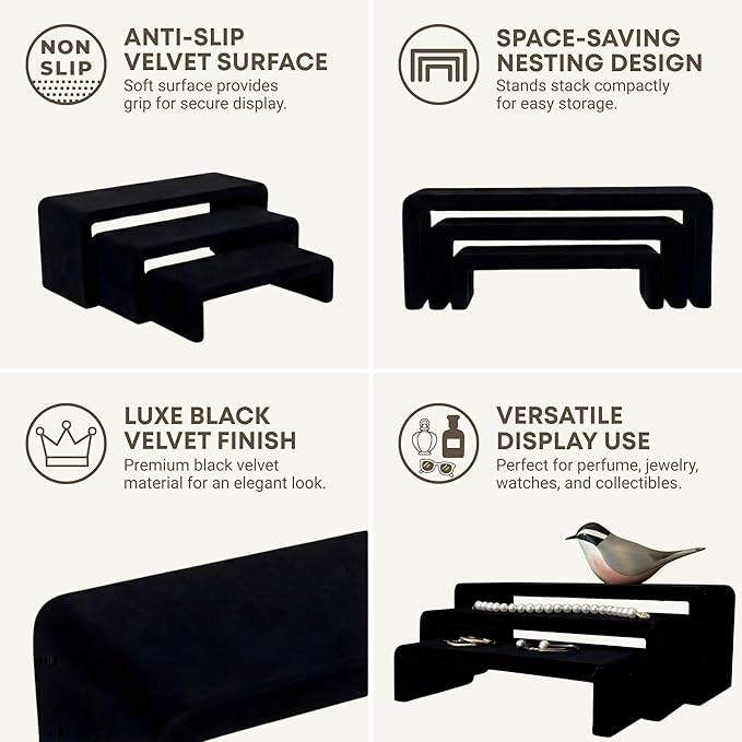 Black Velvet Display Risers Set of 3 - Non-Slip Cologne Organizer for Men, Collectibles and Purse Display, Handbag and Vanity Shelf, Watch and Jewelry Holder, Perfume Stand, Table Riser for Vendors