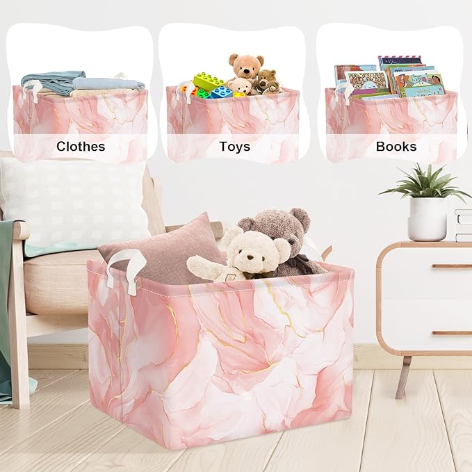 Clastyle Large Marble Baby Girl Gift Storage Basket Collapsible Kid Clothes Book Shelf Basket Toy Nursery Bin, Pink, 40 * 30 * 30 cm