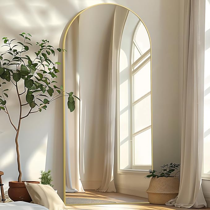 76"X34" Large Floor Mirror Full Length, Gold Arched Full Length Mirror with Stand, Hanging or Leaning Standing Full Body Mirror for Bedroom Living Room Gym, Tempered Glass