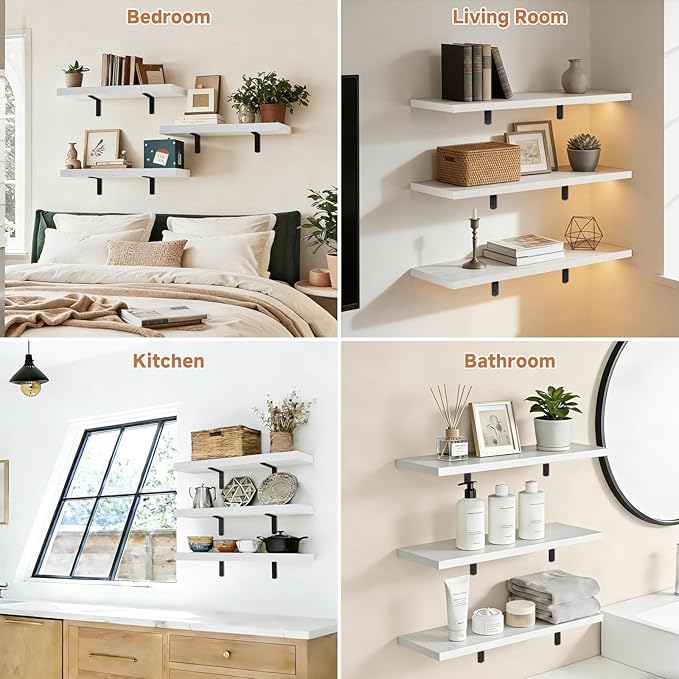 Easy Install Floating Shelves, 15.7 Inch Wall Mounted Wood Shelf,Hanging Shelf for Home Decor, Books and Storage, Small Organizer for Bedroom, Bathroom, Kitchen, Set of 3, White