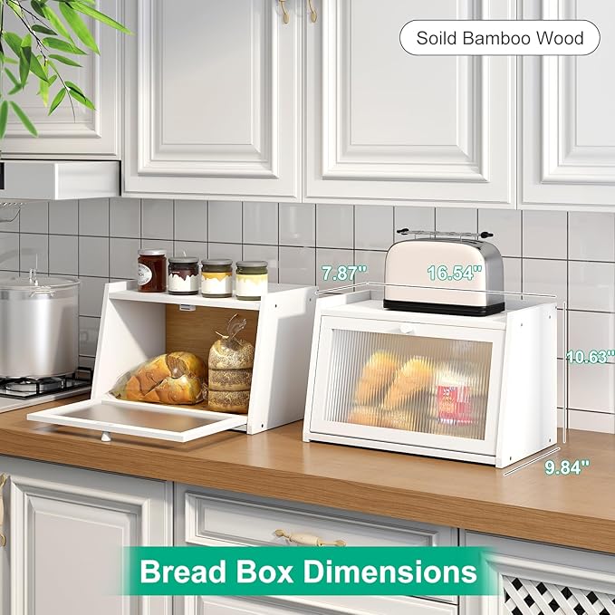 kiplant Bread Box for Kitchen Counter, Large Bamboo Bread Storage Container with Wavy Arcylic Door, Bamboo Wooden Farmhouse Bread Box for Your House (White, Medium)