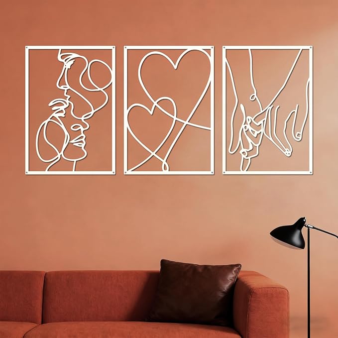 ESTART 3 Pieces Metal Minimalist Line Wall Art, Valentine's Day Lover Kiss Hand Metal Wall Decor, Aesthetic Modern Home Hanging Wall Art Decor for Bedroom Living Room (White)