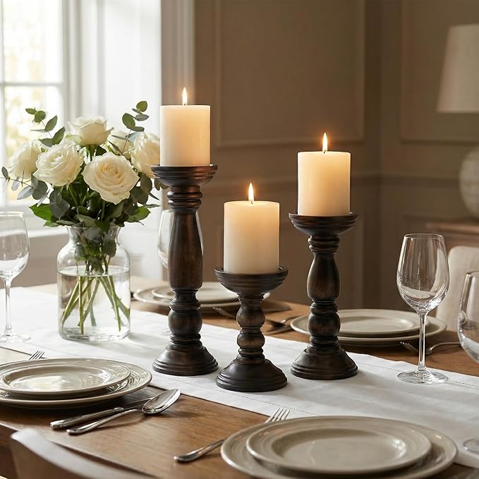 Farmhouse Wooden Candle Holders for Pillar Candles Set of 3, Rustic Wood Candle Holder Table Centerpiece Decor, 12'' 9'' 6'' Vintage Tall Candle Stand Decorative, Dark Brown