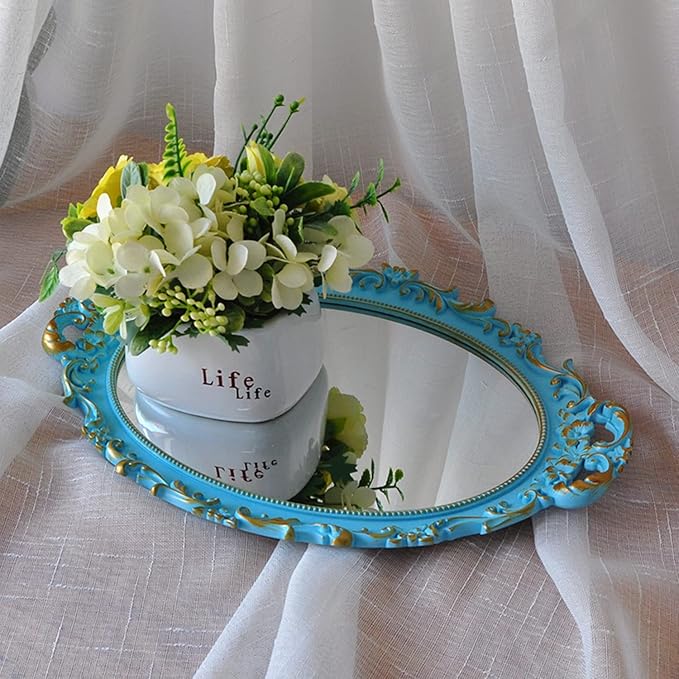 Oval Decorative Mirror Tray, French Style Flower Frame, Makeup Organizer, Jewelry Organizer, Serving Tray, 9.8"x 14.6", Golden Blue