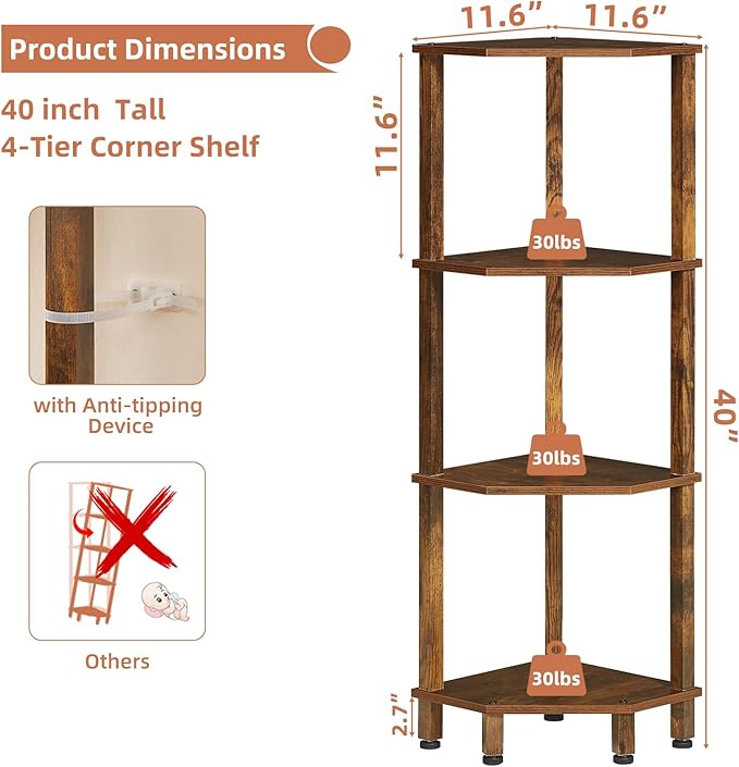 YUFAM 4-Tier Corner Shelf with Sturdy 5-Leg Base, 40in Tall Narrow Bookcase for Small Spaces, Wooden Plant Display Shelf, Thin Bookshelf for Living Room, Bedroom, Office, Brown