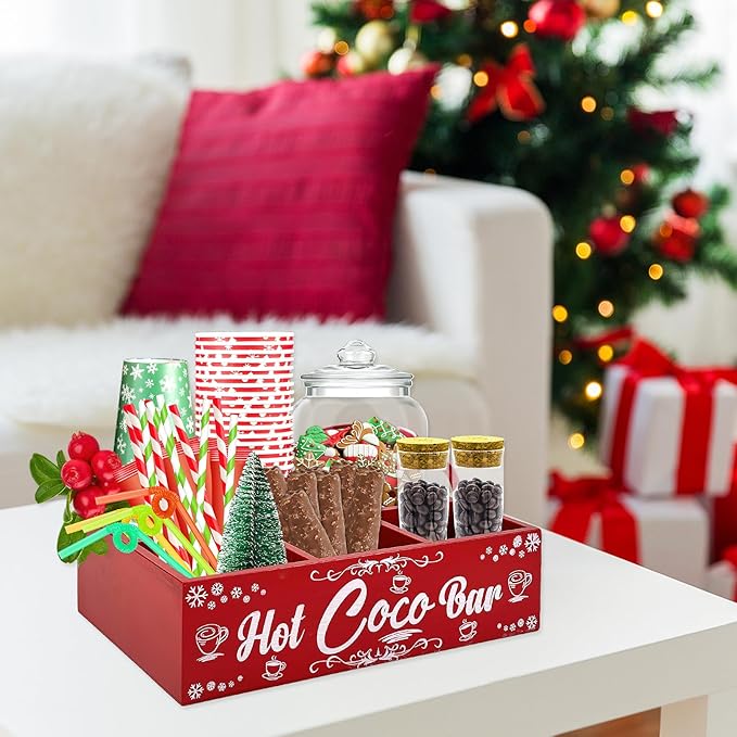 Christmas Hot Cocoa Bar Wood Coffee Station Organizer Countertop with 4 Compartment Decorative Christmas Cocoa Wood Storage Bin Vintage Open Holder Box for Home Kitchen Holiday Decor