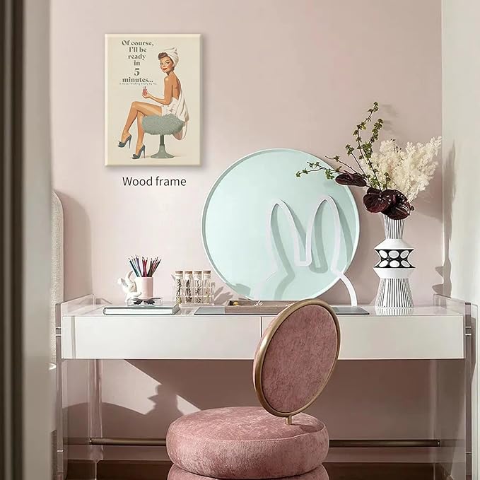 Boho Sage Green Bathroom Poster Vintage 70s Pin Up Girl Wall Art 12X16 inch Framed Of Course I'll Be Ready in 5 Minutes Canvas Prints for Toilet Lavatory Wall Decor