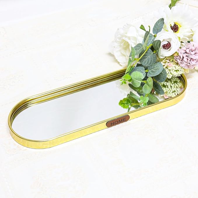 Gold Mirrored Vanity Tray, Small Oval Stainless Steel Perfume Organizer, Decorative Glass Mirror Tray for Jewelry, Makeup, Skincare, Bathroom Countertop & Nightstand Decor (11.8" x 3.9")