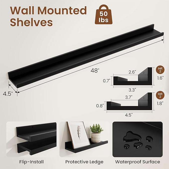 Heimlove Picture Ledge Shelf,48 inch Long Floating Shelves for Wall Set of 4,Black Picture Shelf with Lip for Wall Decor,Living Room,Bedroom,Bookshelf,Nursery,Perfume