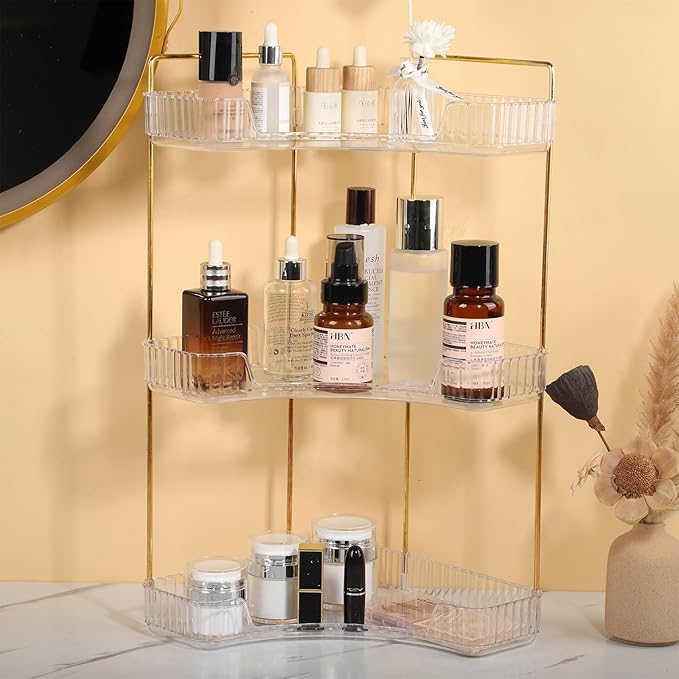 90 Degree Corner Shelf Organizer, 3 Tier Bathroom Countertop Storage Rack, Space Saving Desktop Organizer for Makeup, Skincare, Perfumes, Kitchen Pantry, Transparent 3 Layer Display Shelf