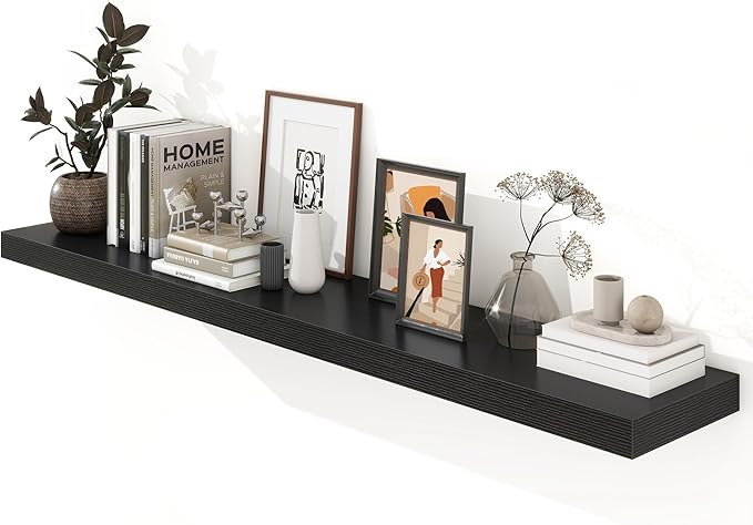 FLYJOE 72 Inch Black Floating Shelf | 12 Inch Deep Floating Shelves Set of 1 | 72" D x 12" D Rustic Wood Shelves for Wall | Deep Black Shelves for Living Room Bathroom Laundry Room Kitchen