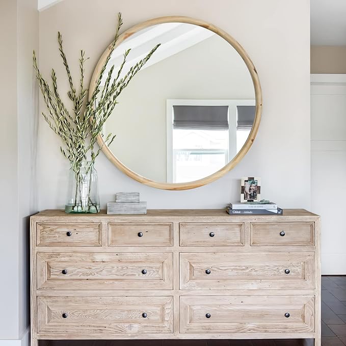 sawsile Round Wood Mirror 24" Natural Circle Wooden Nursery Farmhouse Rustic Decorative Large Wall Mirror for Bathroom,Living Room, Fireplace,Hallway