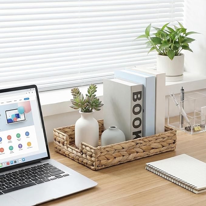 2 Pcs A4 File Tray, Water Hyacinth Desk Basket, Wicker Paper Tray File Baskets, Woven Letter Size Documents Trays, Magazine Files Storage Basket Organizer Bin for Office, Toilet, Desk