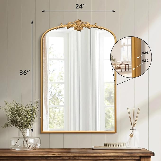Besdomus Antique Arched Wall Mirror: 24"x36" French Large Arch Gleaming Gold Vintage Vanity Wall Mounted Mirror - Traditional Ornate Home Decor for Entryway/Fireplace/Bathroom - Idea for Homemakers