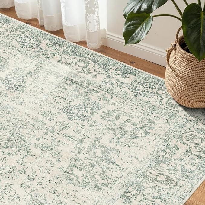Rugxara Washable Area Rug for Living Room, Vintage Boho Rugs for Office, Dining Room, Kids Room, Farmhouse, Durable Low Pile Non Slip Carpet for High Traffic Areas, Light Green(4x6ft)