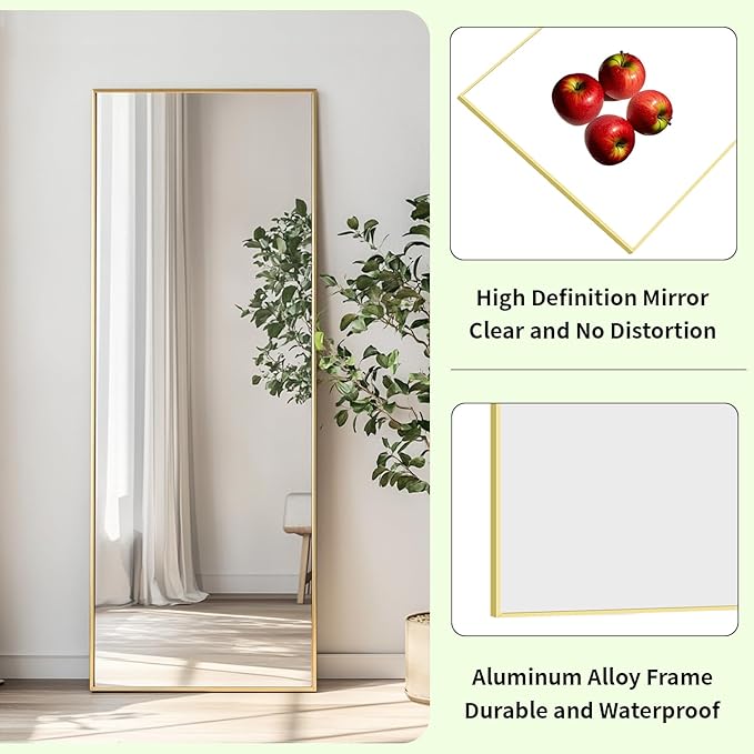 Sunniry Gold Floor Mirror, Full Body Mirror with Aluminum Metal Frame, Floor Mirrors for Nursery, Baby Room, Entryway, Party, Dressing Room. (48x16 inch, Gold)