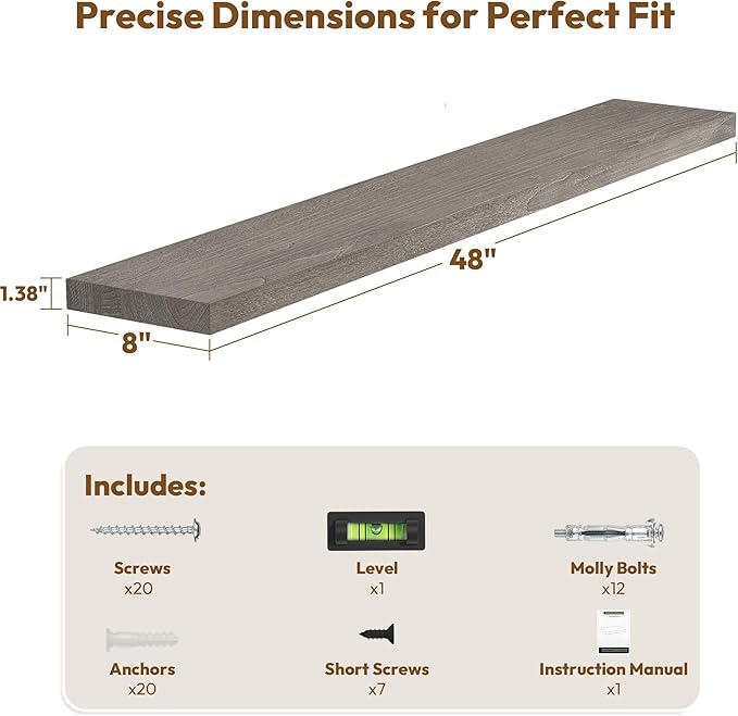 Vivelove Elm Wood Floating Shelves, Wooden Shelves for Wall with Invisible Bracket for Living Room Bedroom Bathroom Office Book, Rustic Farmhouse Display Shelf, 48 Inch Set of 1- Grey