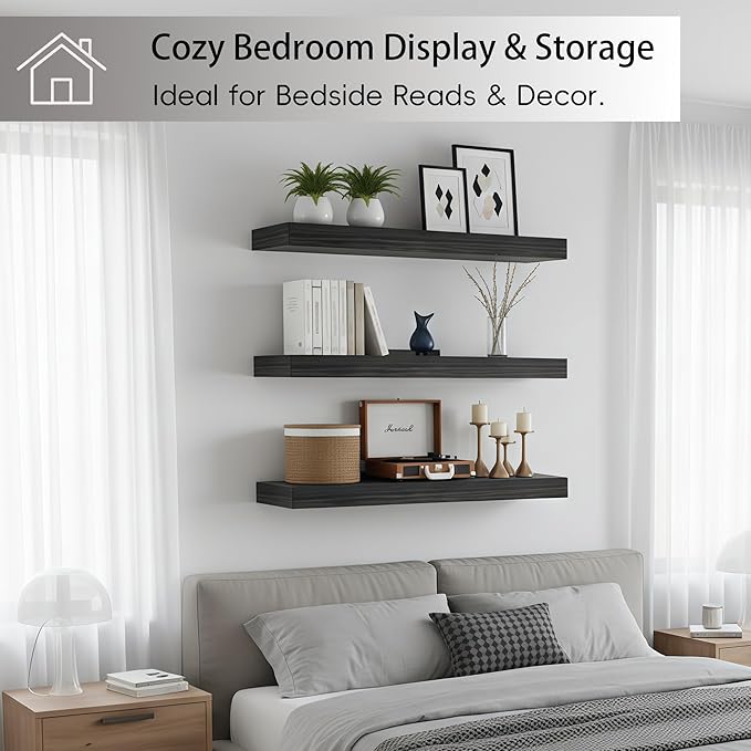 Lufia Floating Wall Shelves, Set of 4, MDF with Invisible Brackets, Modern Storage for Bedroom, Bathroom, Living Room, Kitchen (Black, 15.8" W x 5.5" D x 1.2" H)