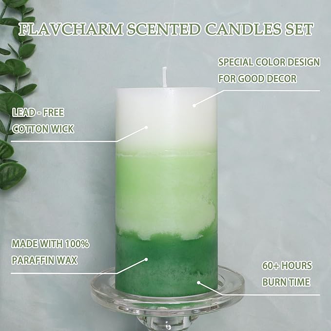 Pillar Candles 3x6 Inch Eucalyptus Scented Hand-Poured 3-Layers Green Gradient Decorative Candle Long Burning Candle for Home Scented Relaxation Spa Holiday Dinner Table, Set of 3