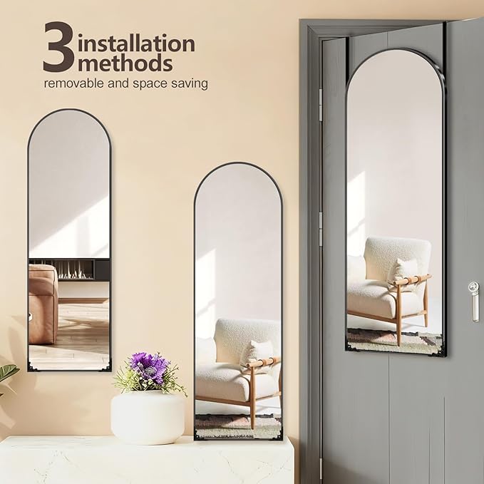 48"x14" Door Mirror, Arched Full Length Mirror, Over the Door Mirrors Full Length, Hanging Mirrors for Bedroom, Bathroom, Black