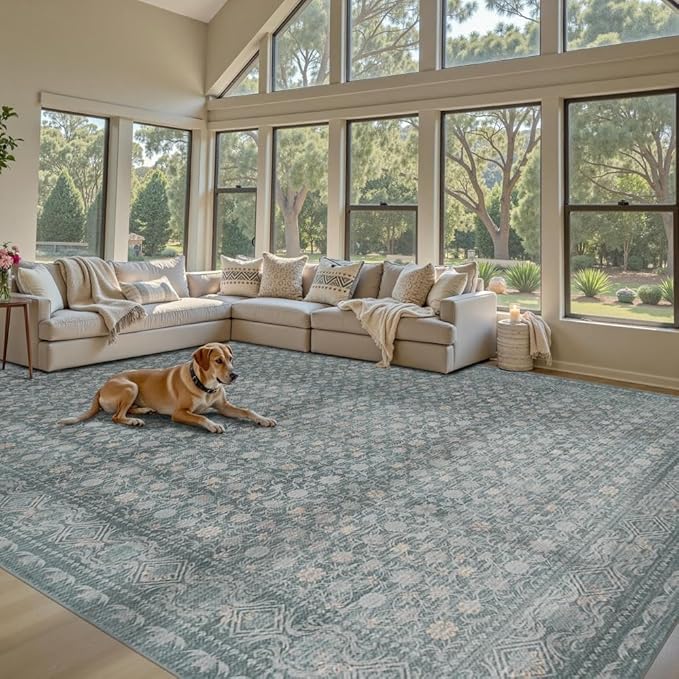 9x12 Washable Area Rug for Living Room, Extra Large Vintage Boho Rugs for Dining Room, Kids Room, Farmhouse, Durable Low Pile Non Slip Carpet for High Traffic Areas, Soft Blue
