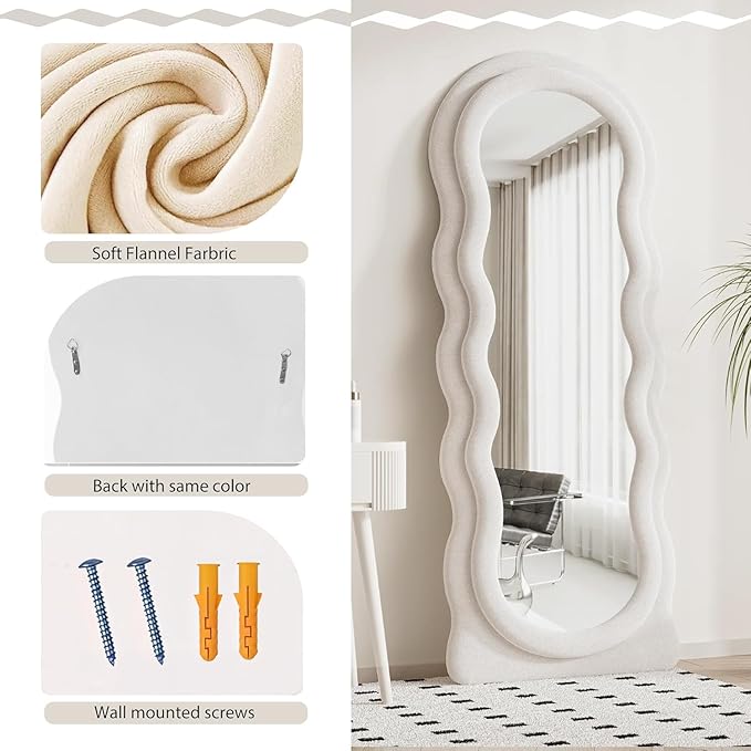 Dewfig Full Length Mirror, 63" x 24"Irregular Wavy Mirror, Large Floor Length Mirrors Wall Mounted, Standing Wavy Mirrors with Flannel Wrapped Wooden Frame for Bedroom/Living Room, White