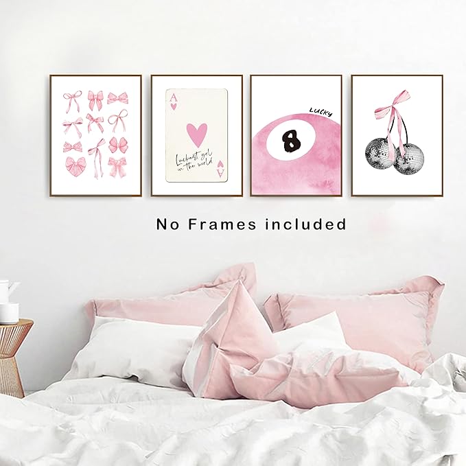 okaxscm Pink Coquette Trendy Preppy Wall Art Prints Set of 4, Coquette Room Decor, Preppy Room Decor Aesthetic, Pink Bow Disco 8 Ball Cherry Wall Decor Posters for Girls Bedroom Dorm, 12x16 Unframed