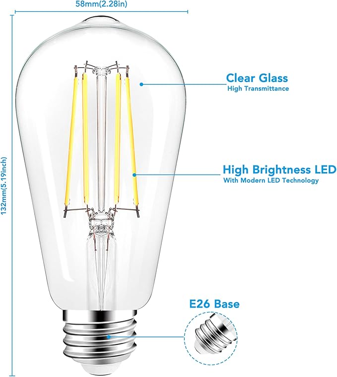 PARTPHONER LED Light Bulbs Dimmable Vintage Edison Bulb, E26 LED Bulb 60W Equivalent 720 Lumens, Daylight 5000K, ST58 Antique LED Filament Bulb CRI 85+, Clear Glass, Pack of 4, PABB042DN4