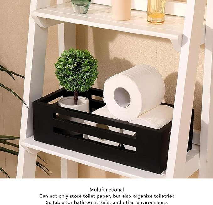 Asixxsix Wooden Storage Basket, 13 X 5.9 X 3.9in Multifunctional Storage Box, Space Saving, Decorative Farmhouse Wooden Crate for Bathroom Bedroom Pantry Toilet Paper (Black)