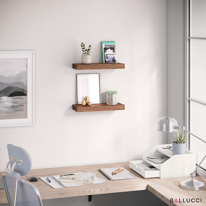 Ballucci Floating Shelves, 16" Wood Wall Shelf Set of 2, with Invisible Brackets for Bathroom, Living Room, Bedroom, Kitchen, Nursery, 6" Deep, Rustic Brown